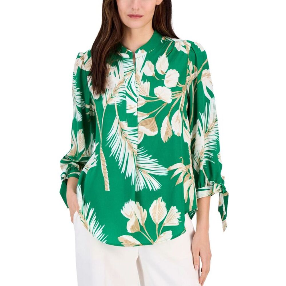 Anne Klein Womens Split-Neck Tie-Cuff Blouse XXS Tropical Green Multi - NWT